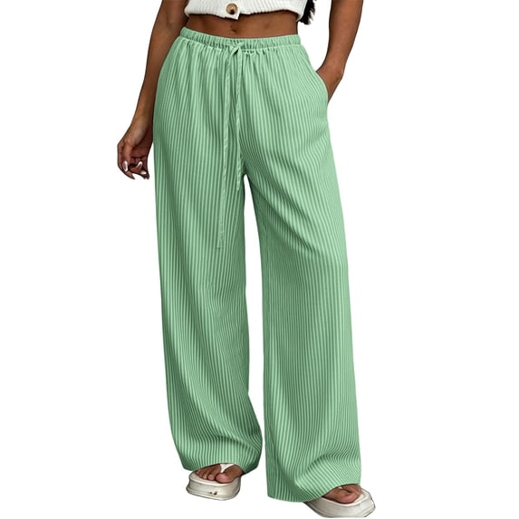 TZZQ Striped Linen Pants Wide Leg Drawstring Elastic Waist Trousers with Pockets Lightweight Loose Striped Gingham Plaid Lounge Pants Summer Casual Relaxed Fit Beach Vacation Flowy Slacks Green L