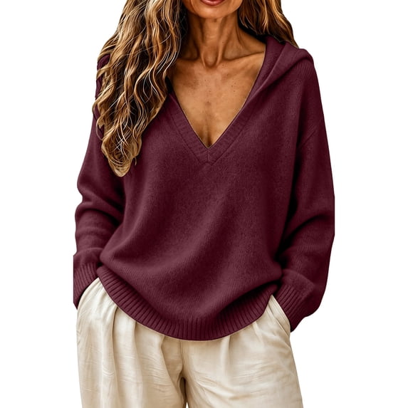 TZZQ V Neck Hooded Sweaters for Women Oversized Long Sleeve Chunky Knit Pullover Sweaters Soft Cozy Lightweight Warm Fall Winter Jumpers Cute Casual Streetwear Knitted Crochet Hoodies Wine Xl