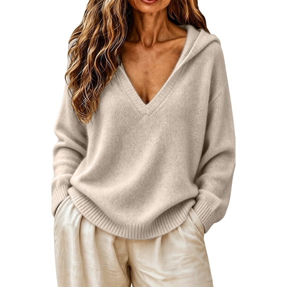 TZZQ V Neck Hooded Sweaters for Women Oversized Long Sleeve Chunky Knit Pullover Sweaters Soft Cozy Lightweight Warm Fall Winter Jumpers Cute Casual Streetwear Knitted Crochet Hoodies Beige S