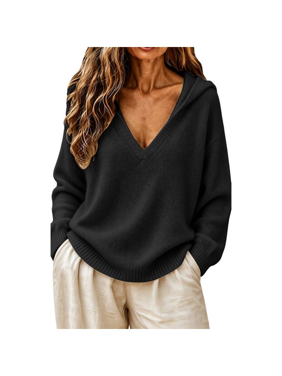 V Neck Hooded Sweaters for Women Oversized Long Sleeve Chunky Knit Pullover Sweaters Soft Cozy Lightweight Warm Fall Winter Jumpers Cute Casual Streetwear Knitted Crochet Hoodies Black S