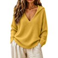 thumbnail image 1 of TZZQ V Neck Hooded Sweaters for Women Oversized Long Sleeve Chunky Knit Pullover Sweaters Soft Cozy Lightweight Warm Fall Winter Jumpers Cute Casual Streetwear Knitted Crochet Hoodies Yellow S, 1 of 9