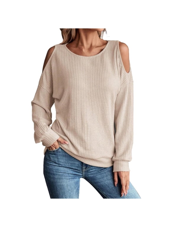 Waffle Knit Cold Shoulder Sweaters for Women Back Button Crew Neck Long Sleeve Shirts Loose Fit Casual Knitwear Knit Pullovers Jumper Lightweight Fashion Going Out T Shirt Top Wh2 Xl