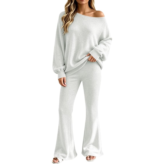 TZZQ Women 2 Piece Knitted Outfits Long Sleeve Ribbed Knit Off The Shoulder Pullover Sweaters Wide Leg High Waist Bootcut Pants Oversized Casual Trendy Sweatsuits Fashion Going Out Sets Light Ashy L