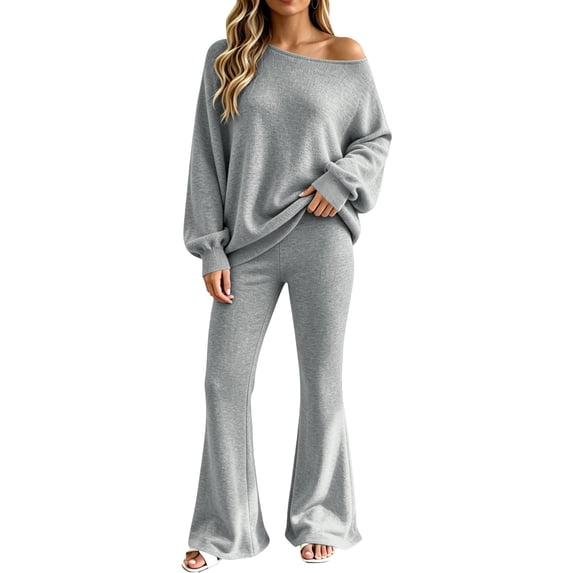 TZZQ Women 2 Piece Knitted Outfits Long Sleeve Ribbed Knit Off The Shoulder Pullover Sweaters Wide Leg High Waist Bootcut Pants Oversized Casual Trendy Sweatsuits Fashion Going Out Sets Silver Xl