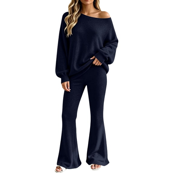 TZZQ Women 2 Piece Knitted Outfits Long Sleeve Ribbed Knit Off The Shoulder Pullover Sweaters Wide Leg High Waist Bootcut Pants Oversized Casual Trendy Sweatsuits Fashion Going Out Sets Navy M