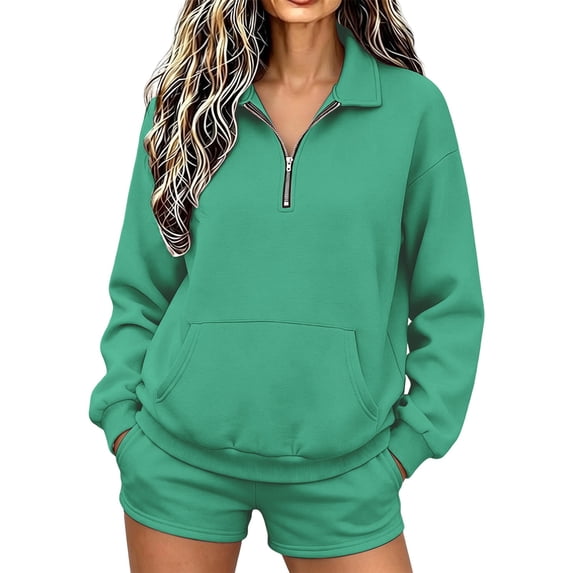 TZZQ Women 2 Piece Outfits 1/4 Zip Collar Long Sleeve Fall Pullover Sweatshirts Baggy Wide Leg Shorts with Pockets Loose Fit Workout Lounge Sets Plus Size Trendy Athletic Tracksuit Green Xl
