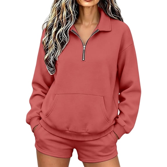 TZZQ Women 2 Piece Outfits 1/4 Zip Collar Long Sleeve Fall Pullover Sweatshirts Baggy Wide Leg Shorts with Pockets Loose Fit Workout Lounge Sets Plus Size Trendy Athletic Tracksuit Wine M