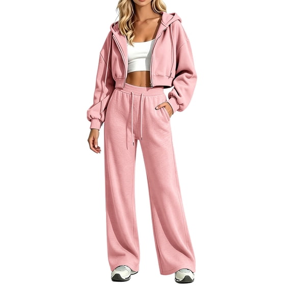 TZZQ Women 2 Piece Outfits Oversized Long Sleeve Zip Up Hoodie Sweatshirts Baggy Wide Leg Elastic Waist Drawstring Pants with Pockets Soft Lounge Matching Sets Airport Travel Tracksuits Pink Xl