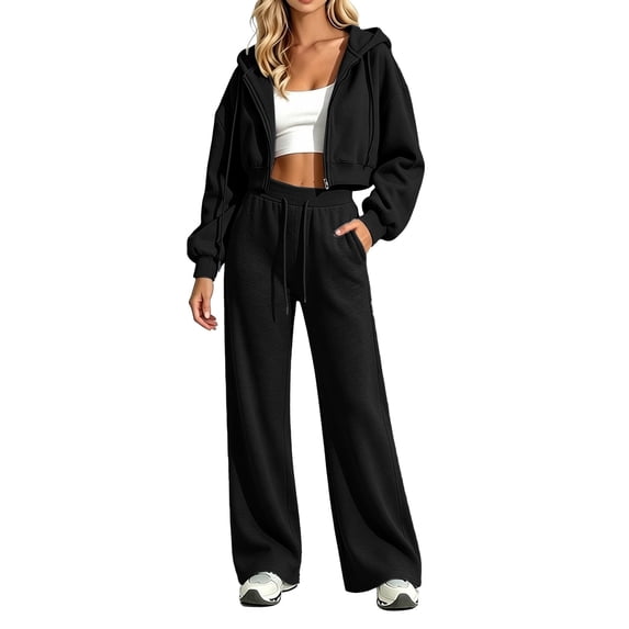 TZZQ Women 2 Piece Outfits Oversized Long Sleeve Zip Up Hoodie Sweatshirts Baggy Wide Leg Elastic Waist Drawstring Pants with Pockets Soft Lounge Matching Sets Airport Travel Tracksuits Black Xxl