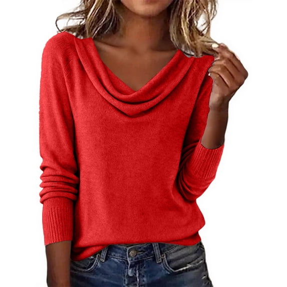 TZZQ Women Cowl Neck Cute Sweaters Lightweight Long Sleeve Knit Pullover Sweater Soft Cozy Loose Basic Knit Layering Tops Plus Size Warm Elegant Jumper Tops Fall Winter Casual Outfits Red Xxl