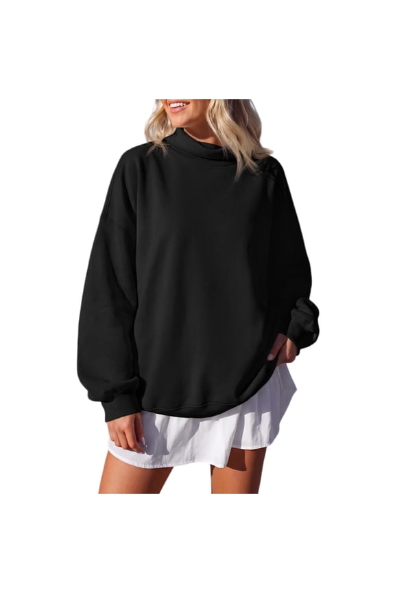 Women Cowl Neck Oversized Sweatshirt Drop Shoulder Puff Long Sleeve Loose Fit Pullover Top Soft Warmy Fall Winter Fleece Knit Casual Loungewear Sweatshirt Basic Pullover Sweatshirts Black L