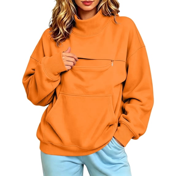 TZZQ Women Mock Neck Pet Pouch Hoodie Sweatshirt with Cat Carrier Pouch Pullover Long Sleeve Cat Carrier Hoodie with Cat Pouch Loose Fit Comfy Basic Lounge Going Out Fall Sweatshirt Orange M