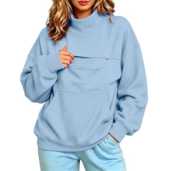 TZZQ Women Mock Neck Pet Pouch Hoodie Sweatshirt with Cat Carrier Pouch Pullover Long Sleeve Cat Carrier Hoodie with Cat Pouch Loose Fit Comfy Basic Lounge Going Out Fall Sweatshirt Light Blue L