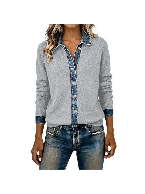 Women Patchwork Denim Knit Jacket Button Down Collared Long Sleeve Knit Cardigan Sweaters Loose Fit Cozy Track Jackets Lightweight Soft Office Basic Splicing Shirts Fashion Jackets Light Ashy M