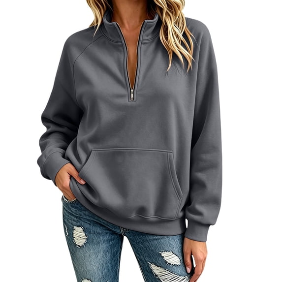 TZZQ Women Quarter Zip Pullover Sweatshirt Oversized Loose Fit Athletic Sweatshirt Casual Fashion Stand Collar Long Sleeve Pullover Hoodie Comfy Trendy Plus Size Relaxed Fit Sports Shirts Grey S