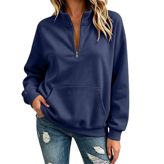 TZZQ Women Quarter Zip Pullover Sweatshirt Oversized Loose Fit Athletic Sweatshirt Casual Fashion Stand Collar Long Sleeve Pullover Hoodie Comfy Trendy Plus Size Relaxed Fit Sports Shirts Navy Xl
