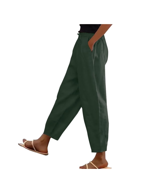 Women's Cotton Linen Pants Plus Size Petite Elastic High Waist Gauze Cropped Pants Lightweight Wide Leg Drawstring Palazzo Barrel Pants Dressy Casual Beach Vacation Boho Trousers Jn Xxl