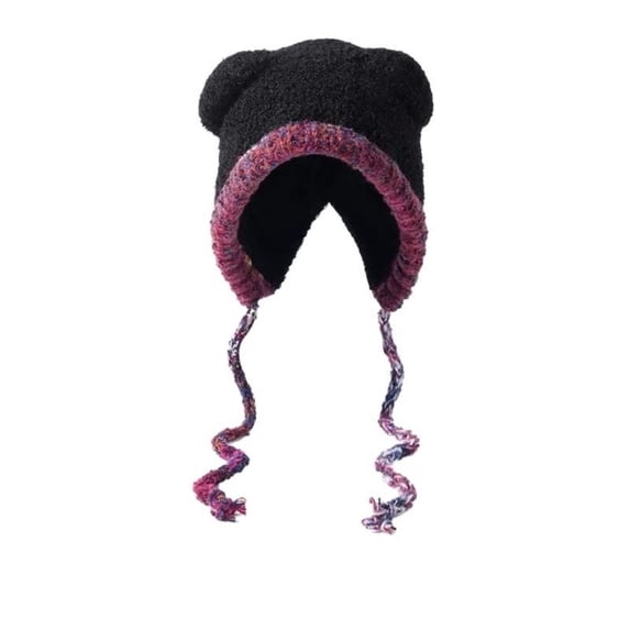 TZZQ Women's Cute Cat Ears Crochet Beanie Double Layer Warm Fleece Knitted Crochet Hats Soft Fuzzy Crochet Beanie Stylish Fleece Lined Ear Flaps Ski Snow Hats For Outdoor Cold Weather Black