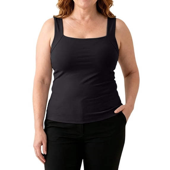 TZZQ Women's Plus Size Built-in Bra Tank Tops Summer Strechy Sleeveless Square Neck Tee Shirt Loose Fitted Double Layer T-Shirts Soft Basic Camisole Tops Athletic Workout Undershirts Black 3Xl