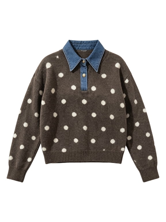 Women's Polka Dot Knit Sweater Denim Collar Quarter Button Long Sleeve Pullover Sweater Loose Fit Slouchy Dot Print Sweatshirts Fashion Business Casual Work Office Jumper Tops Brownm
