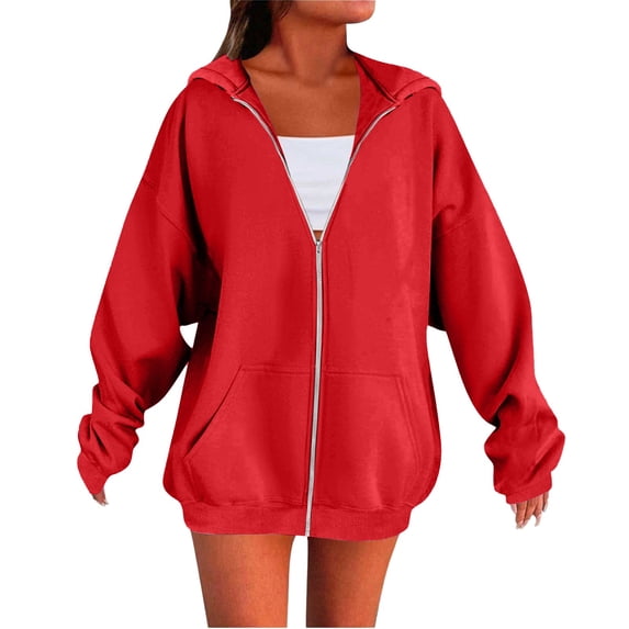TZZQ Women's Zip Up Hoodies Oversized Oversized Lightweight Long Sleeve Zipper Sweatshirts Plus Size Trendy Track Jackets with Pockets Fashion Casual Fall Winter Plain Hooded Coats Red 3Xl