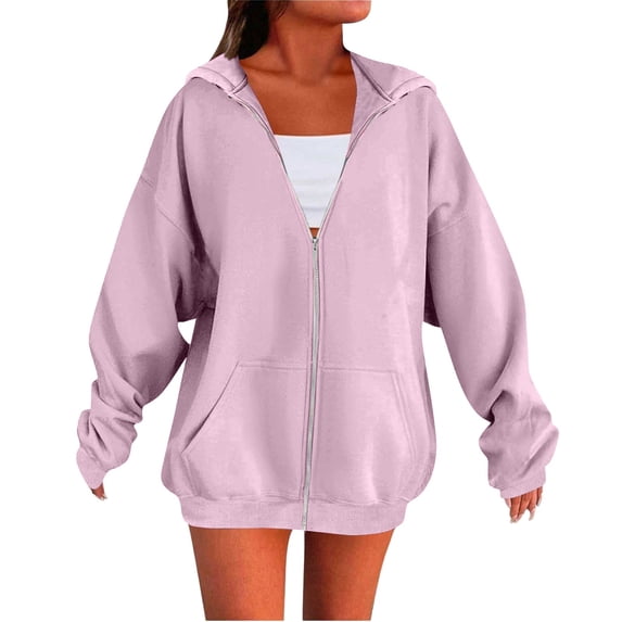 TZZQ Women's Zip Up Hoodies Oversized Oversized Lightweight Long Sleeve Zipper Sweatshirts Plus Size Trendy Track Jackets with Pockets Fashion Casual Fall Winter Plain Hooded Coats Pink M