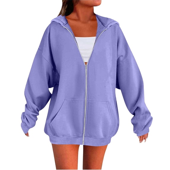 TZZQ Women's Zip Up Hoodies Oversized Oversized Lightweight Long Sleeve Zipper Sweatshirts Plus Size Trendy Track Jackets with Pockets Fashion Casual Fall Winter Plain Hooded Coats Light Violet L