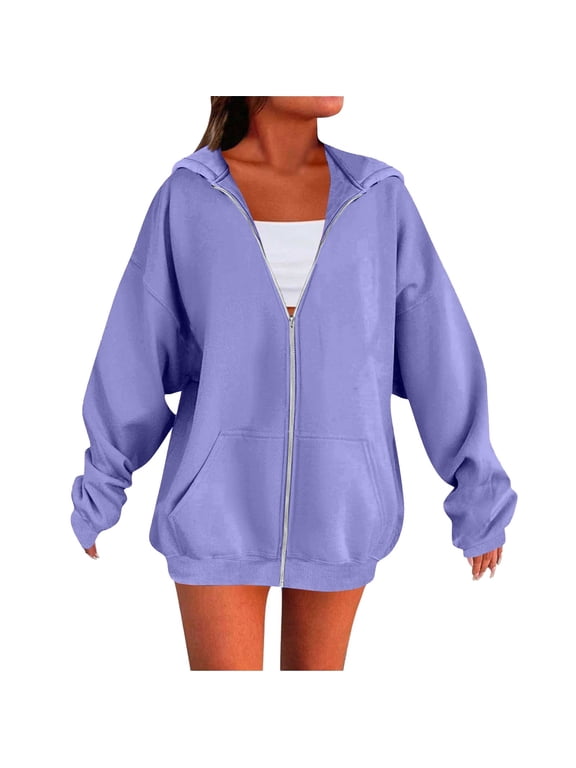 Women's Zip Up Hoodies Oversized Oversized Lightweight Long Sleeve Zipper Sweatshirts Plus Size Trendy Track Jackets with Pockets Fashion Casual Fall Winter Plain Hooded Coats Light Violet S