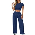 thumbnail image 1 of TZZQ Womens 2 Piece Matching Lounge Sets Slim Fit Short Sleeve Scoop Neck Crop Tops Low Rise Drawstring Baggy Wide Leg Pants with Pockets Stretchy Fitted Sets Basic Going Out Outfits Blue L, 1 of 3