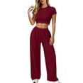 thumbnail image 1 of TZZQ Womens 2 Piece Matching Lounge Sets Slim Fit Short Sleeve Scoop Neck Crop Tops Low Rise Drawstring Baggy Wide Leg Pants with Pockets Stretchy Fitted Sets Basic Going Out Outfits Wine L, 1 of 3