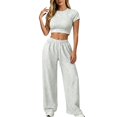 thumbnail image 1 of TZZQ Womens 2 Piece Matching Lounge Sets Slim Fit Short Sleeve Scoop Neck Crop Tops Low Rise Drawstring Baggy Wide Leg Pants with Pockets Stretchy Fitted Sets Basic Going Out Outfits Light Ashy L, 1 of 3