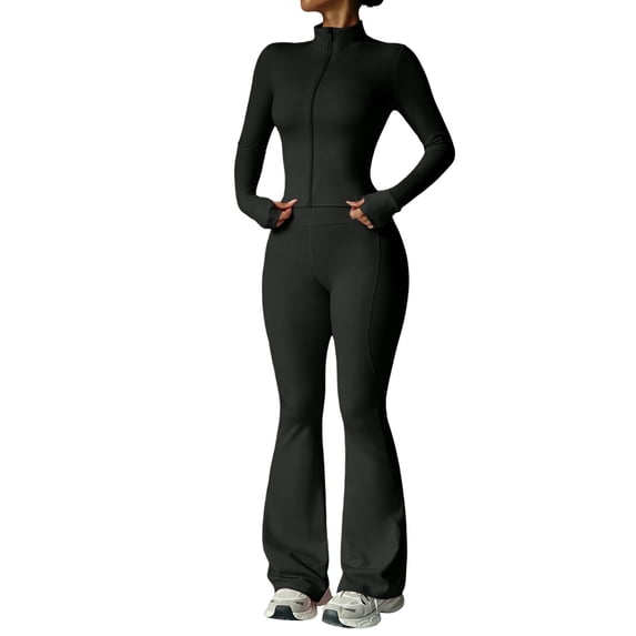 TZZQ Womens 2 Piece Yoga Outfits Fitted Long Sleeve Zipper Crop Jackets High Waist Elastic Flare Pants Slim Fit Casual Matching Outfits Flare Legging Workout Sets Athletic Clothing Sets Black L