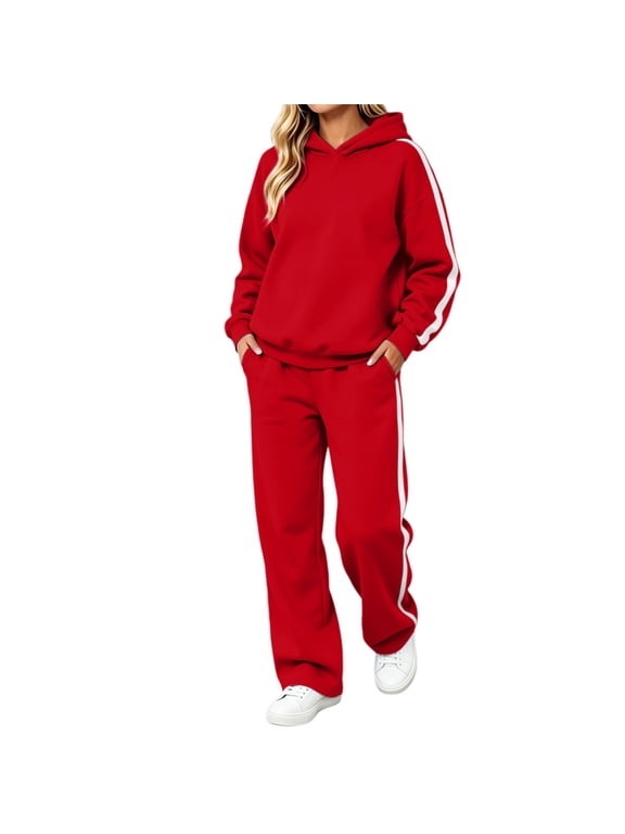 Womens Striped Sweatsuits 2 Piece Outfits Cozy Warm Long Sleeve Pullover Sweatshirt with Pockets Wide Leg Sweatpants with Pockets Retro Casual Tracksuits Travel Airport Workout Set Red S