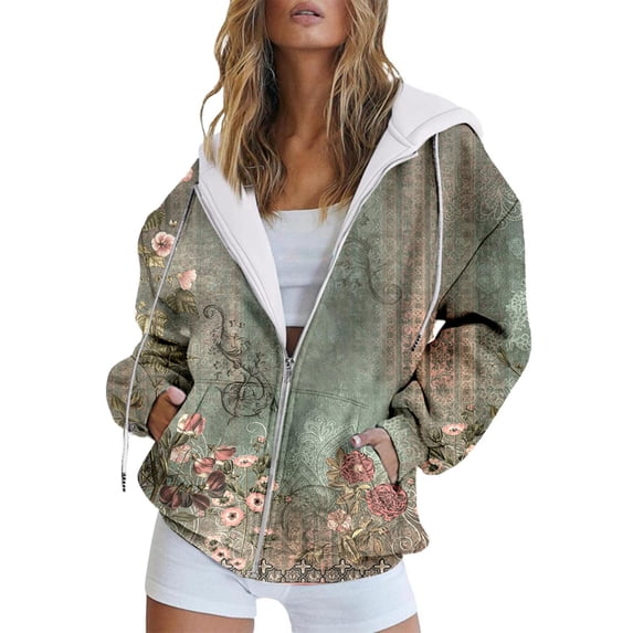 TZZQ Womens Zip Up Hoodies Jackets Long Sleeve Hooded Floral Printed Sweatshirt with Pocket Boho Drawstring Fall Hooded Jacket Loose Fit Soft Sport Coat Fashion Casual Sweatshirts S 3Xl
