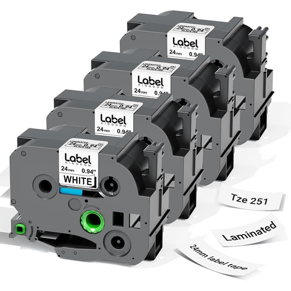 TZe-251 24mm (0.94") tz Laminated White Label Maker Tape Refills Compatible with P-Touch PT D610BT D600 P710BT P750W 950W, 4-Pack 1 in Tze251