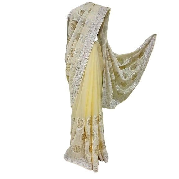Ta la hi Collections Chiffon Satin Saree with chikankari work and running Blouse - Lemon Yellow