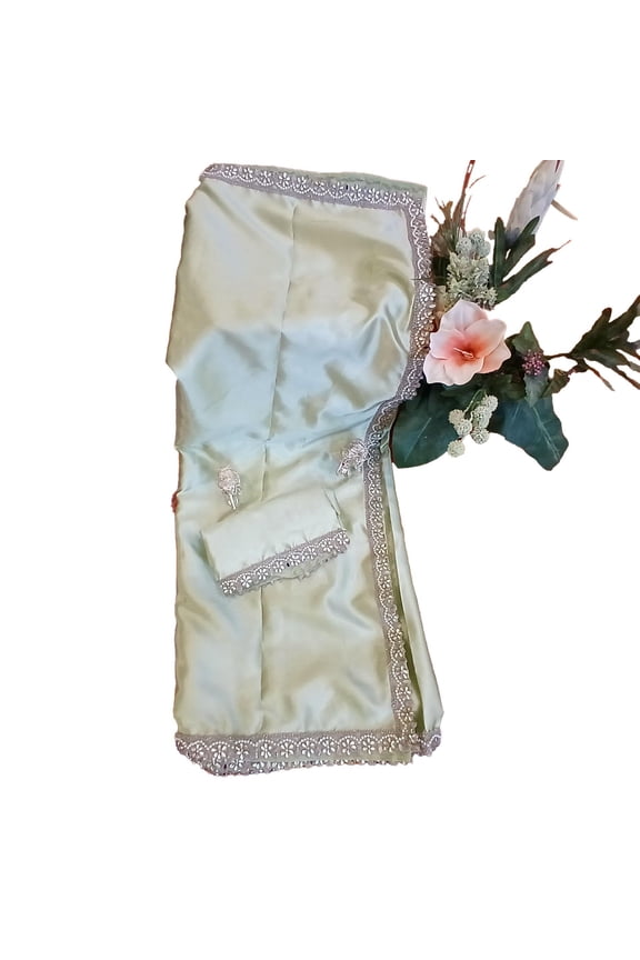 Ta la hi Collections Elegant Satin Crepe with beautiful Mirror and Pearl lace and running bloue - Pista Green