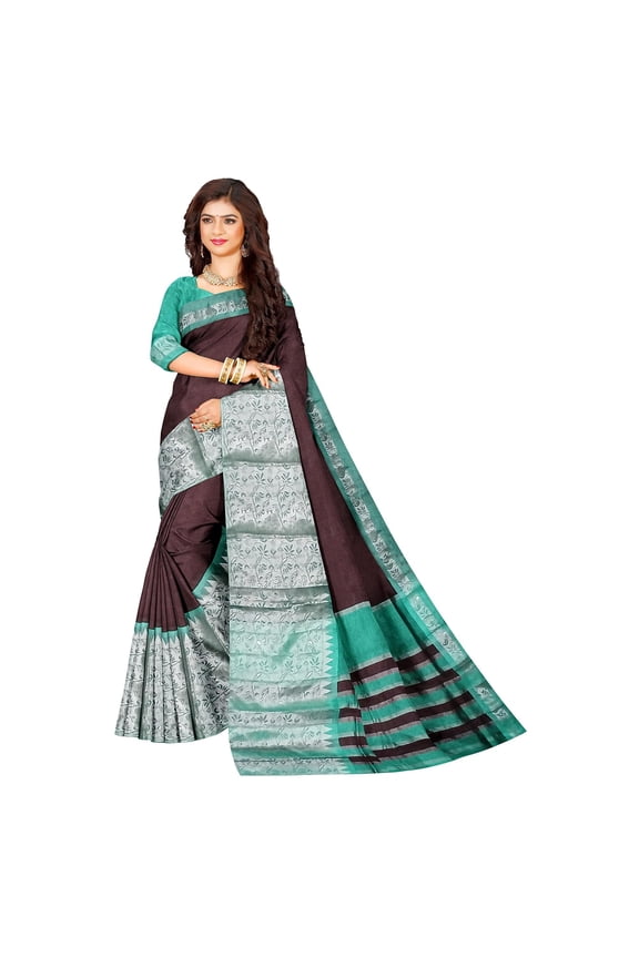 Magalagiri pattu Silk Saree for Women, Stithced Readymade blouse (34-38) - Brown and Teal Green saree