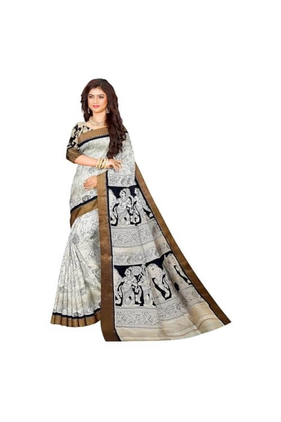 Women's Dola Silk Saree with Scallop Border Traditional Indian Silk Saree for Festivals and Weddings Elegant Cream with Black Border Perfect Wedding Gift Sari