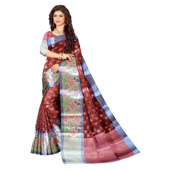 Ta la hi Collections Women's Oraganza Warm Silk Paithani border for Women with Unstitched running Blouse -Brown