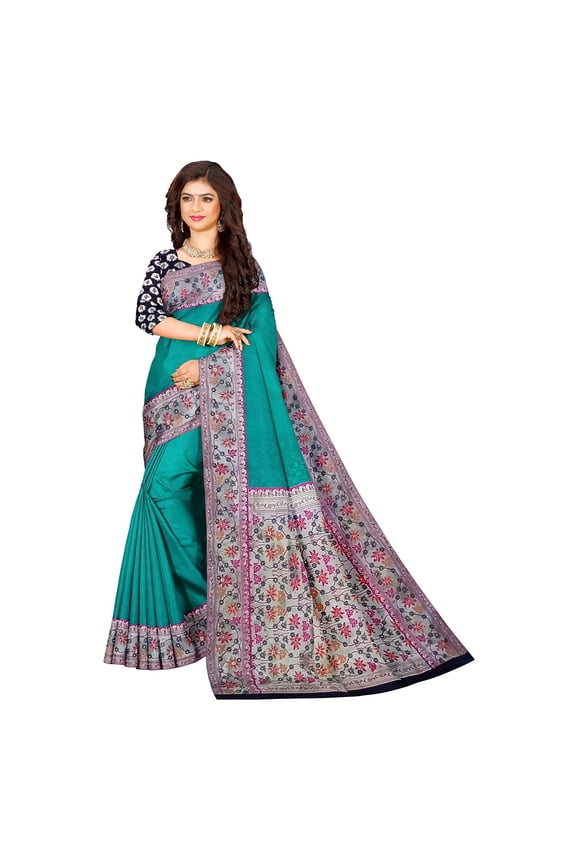 Women's Raw Silk Saree and Meenakari border for Women with Unstitched running Blouse -Teal Green