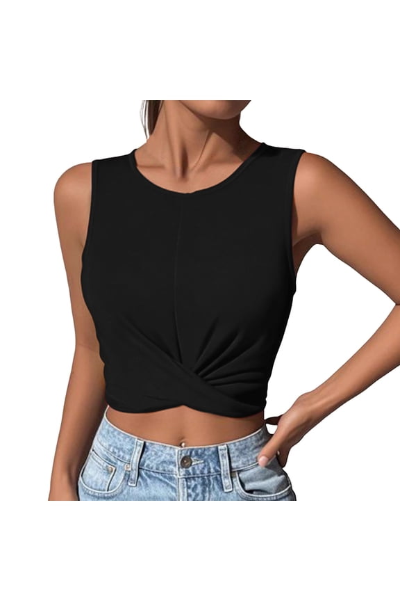 Womens Summer Crop Tank Top Blouse Shirt Round Neck Sleeveless Slim Fit Solid Front Knot Lightweight Soft for Casual Daily