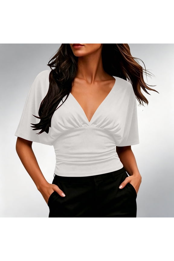 Womens Summer Crop Top Blouse Shirt Deep V Neck Short Sleeve Ruched Waist Pullover Solid Slim Fit for Dating Party