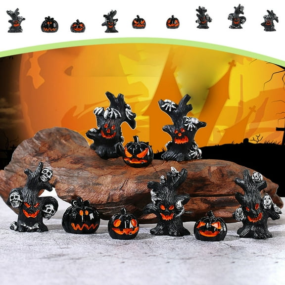TaTaai 18Pcs Halloween Mini Figurines Set Mini Black Tree Monsters and Pumpkins Figurines with Evil Expression Spooky Miniatures for Table Centerpieces Tiered Tray Home Shelf Mantel Decor
