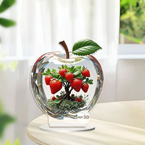 TaTaai 1Pcs Christmas Crystal Apple Strawberry Desktop Ornaments 2D Flat Statue Figurine with Base Centerpieces Gifts for Christmas Table Bedroom Holiday Party Decoration (Clear)