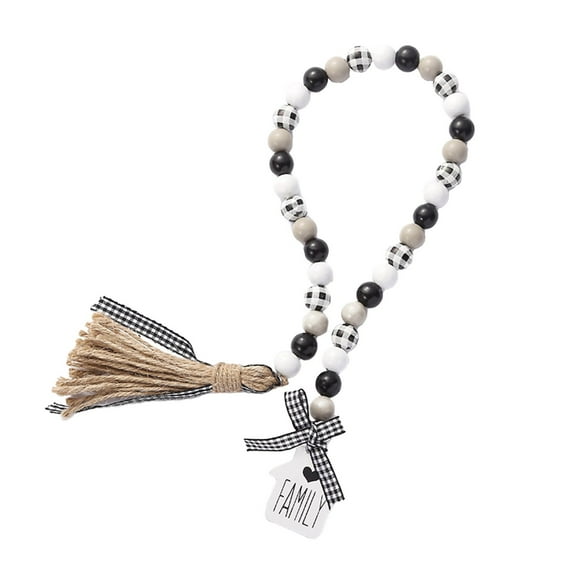 TaTaai 1Pcs Farmhouse Plaid Wood Bead Garland with Tassel Hanging Decor Home Decorative Home Sign for Farmhouse Tiered Tray Wreath