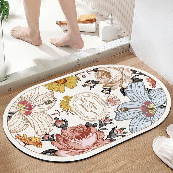 TaTaai 1Pcs Summer Floral Area Rug Entryway Oval Rug Washable Modern Oriental Flower Print Non Slip Oval Carpet for Kitchen Laundry Room Bedroom Bathroom