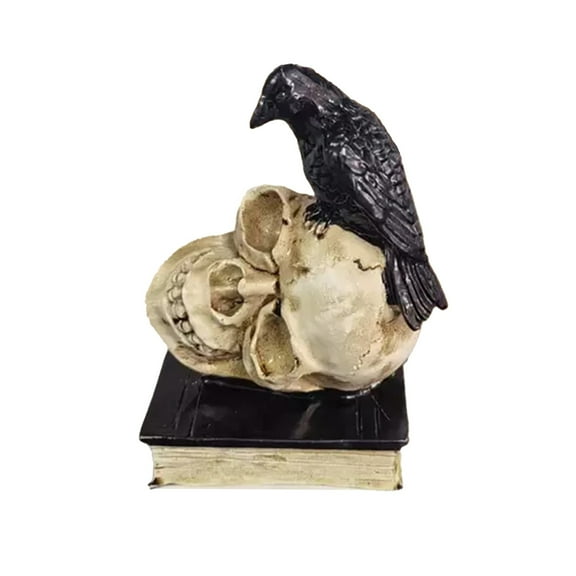 TaTaai 2Pcs Halloween Mystical Raven Skull Hand Painted Resin Statue -,Perched Upon 'The Raven' Poetry Book - an Artistic Fusion of Macabre and Literary Allure