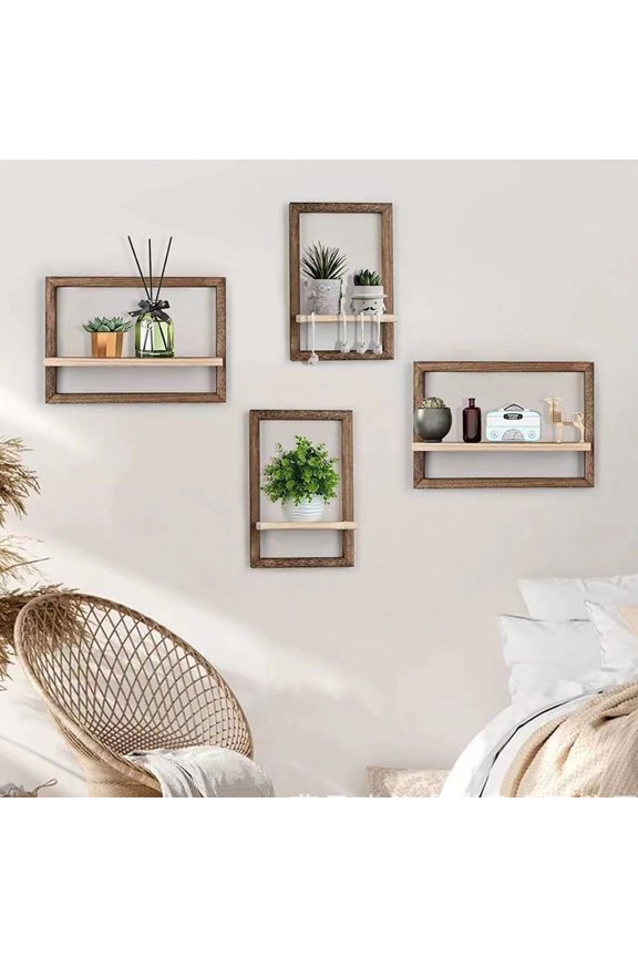 4Pcs Floating Shelves for Wall, Wall Shelves for Decor Storage, Wall Mounted Wood Shelf for Bedroom, Living Room, Bathroom, Kitchen, Picture Ledge Shelf, Brown