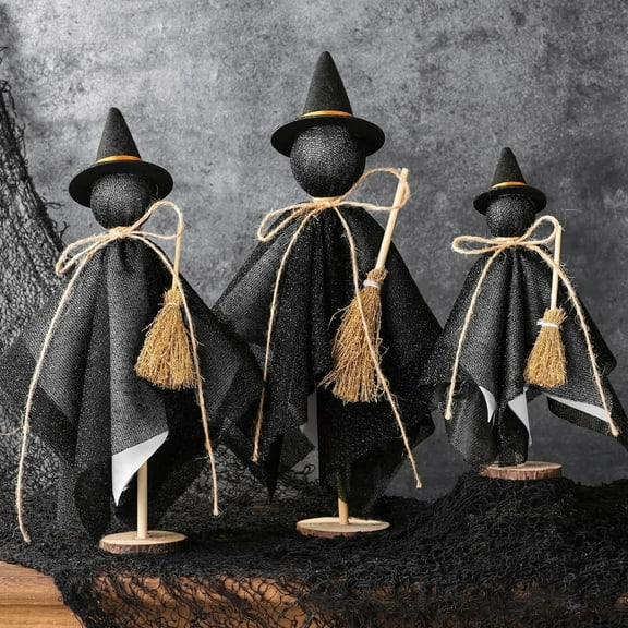 TaTaai 9Pcs Halloween Witch Decorations Indoor: Black Witches with Hat Cute Halloween Decor, Vintage Rustic Wooden Halloween Desk Decor for Table Office Mantel Home Centerpieces Farmhouse Gifts
